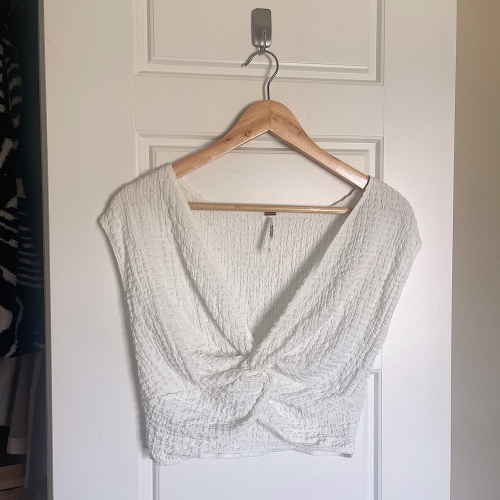 Free People Cream Textured Twist Front Crop Top